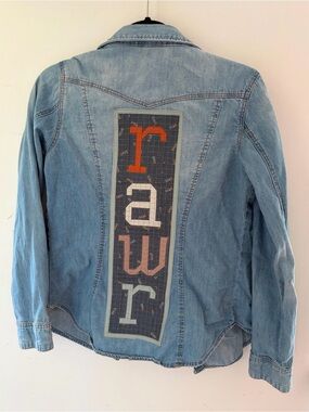 Upcycled women’s Jean shirt with patchwork Rawr on the back